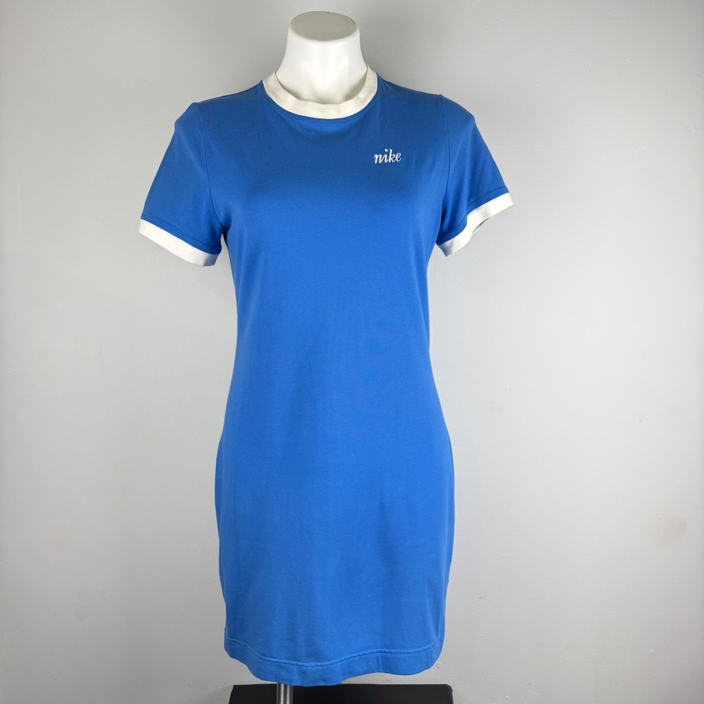Nike Sportswear Women Blue Ringer T-Shirt Mini Dress Script Logo Large